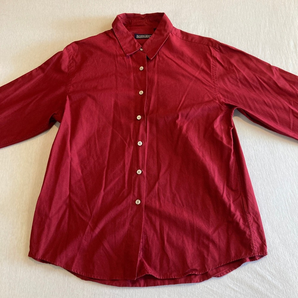 Vintage Lands End Shirt Womens 12 Red Micro Check Cotton Button Down L/S 90s - Picture 8 of 13